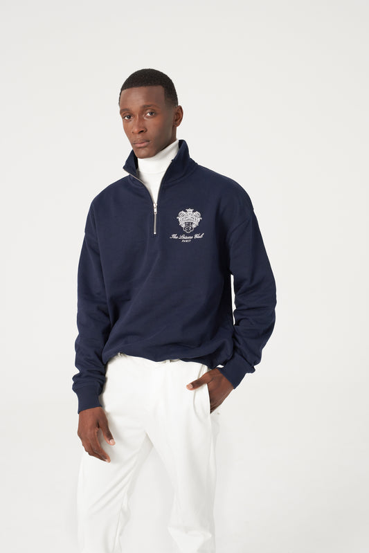 Sweatshirt mit Viertelreißverschluss und Emblem – Marineblau